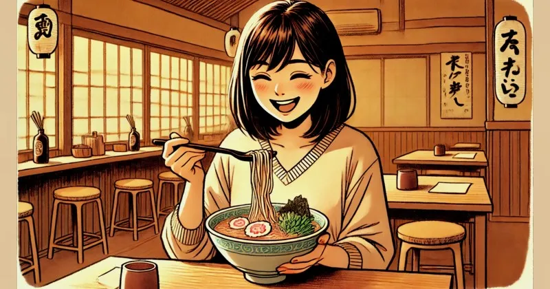 イメージ画像：おいしいラーメンをほおばる女性