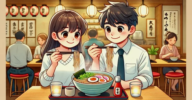 イメージ画像：おいしいラーメンをほおばる男女