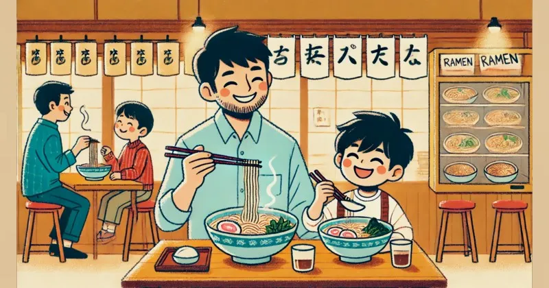 イメージ画像：おいしいラーメンを楽しむ親子