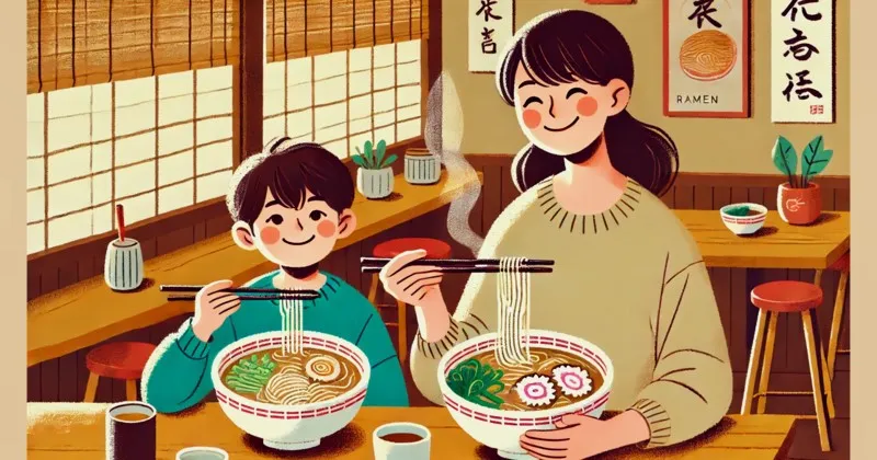 イメージ画像：ラーメンをうれしそうにたべる親子2