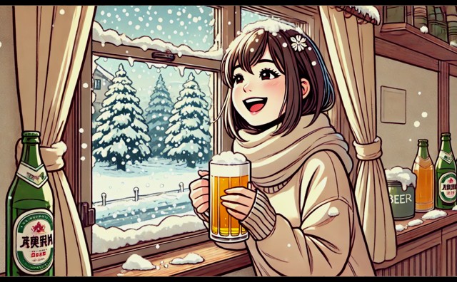 イメージ画像:雪をみながらビー●を飲む女性