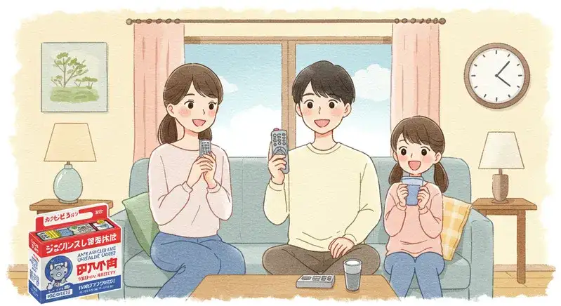 リモコンの電池を交換している家族のイラスト