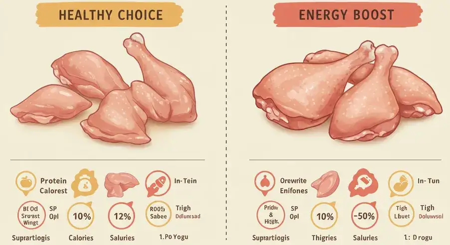 「ヘルシーな選択」（胸肉と手羽）と「エネルギー補給」（サイとドラム）を比較するチャート。