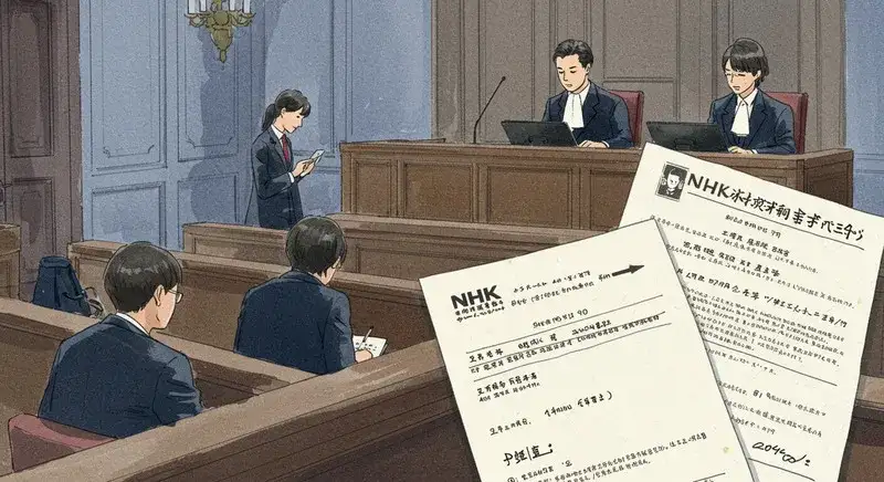 議会でNHK受信料制度について討論している様子を表したイメージイラスト