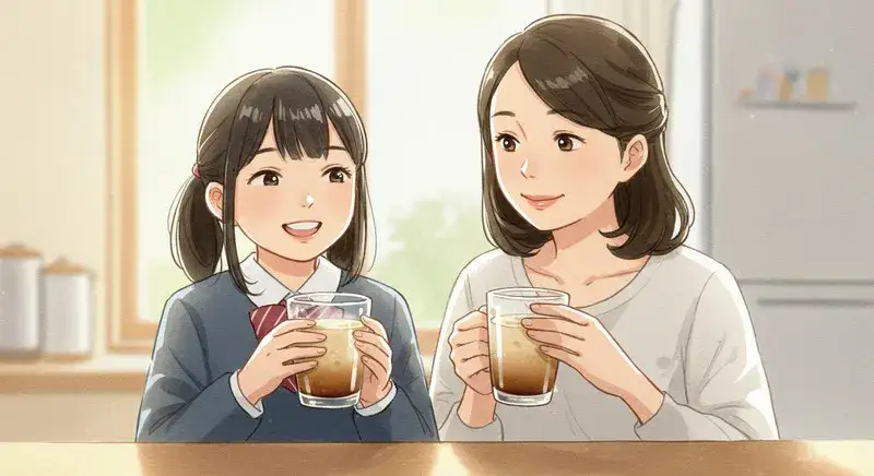 コーヒー牛乳を飲んでいる小学生の女の子と母親