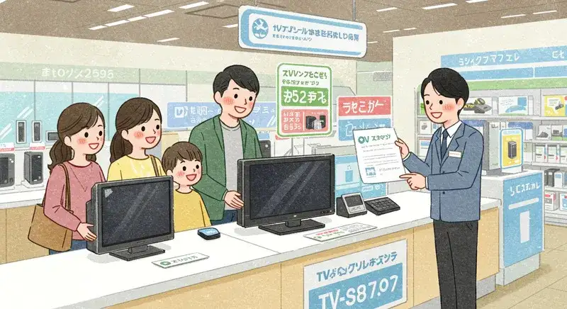 テレビリサイクルの条件を顧客に説明している店員のイラスト