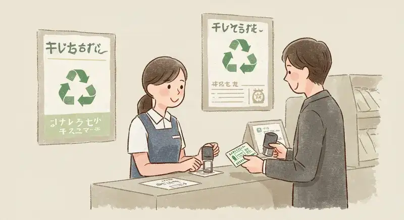 カウンターでテレビのリサイクル料金について店員が顧客に説明しているイラスト