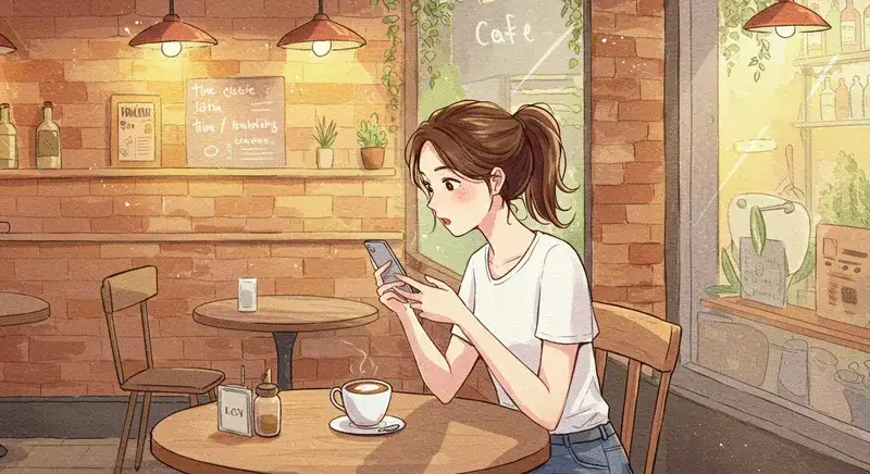 で喫茶店でコーヒーを飲みながらスマートphoneを操作している女性のイラスト驚いた表情