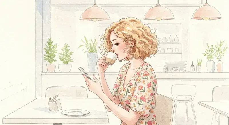 で喫茶店で優雅にコーヒーを飲みながらスマートphoneを操作している女性のイラスト