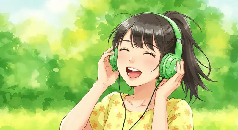 イヤホンで楽しそうに音楽を聴いている女の子