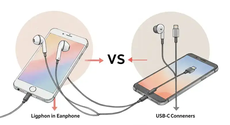 スマートphoneとイヤホンのイラスト 接続端子はUSB-Cとライトニング端子があるというイメージ