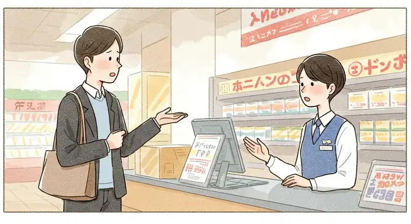 レシートを捨ててしまったことを店員に説明している男性のイラスト