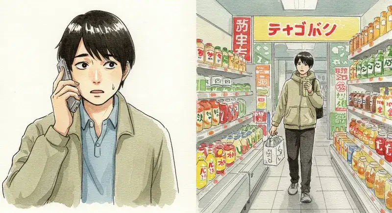 電話をかけた男性と直接店舗に行った男性を描いたイラスト