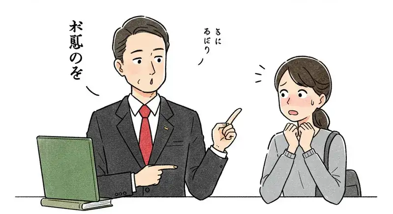 不安そうな女性に弁護士がうっかりミスとそうでない場合の違いを説明しているイラスト