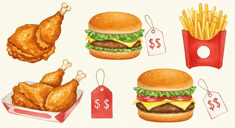 個々のファストフードアイテム（チキン、ハンバーガー、フライドポテト）を紹介する水彩画イラスト