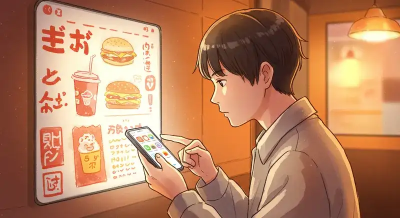 スマートフォンを使ってファストフードレストランのメニューをオンラインで確認している人の水彩画イラスト