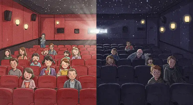 映画館の昼間と深夜の上映の対比