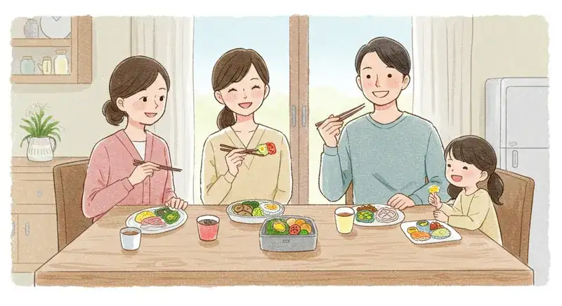 冷凍宅配弁当を使った家族の昼食風景のイラスト