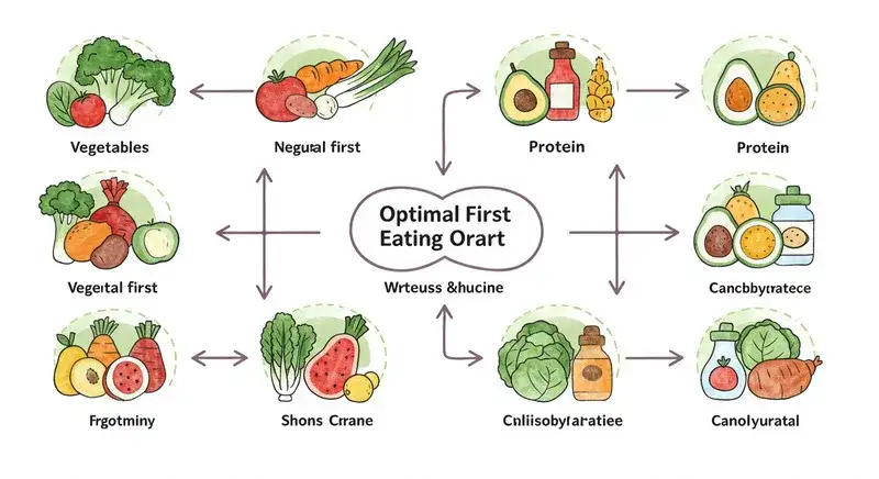 最適な食事の順序を示すフローチャート：最初に野菜、次にタンパク質、次に炭水化物