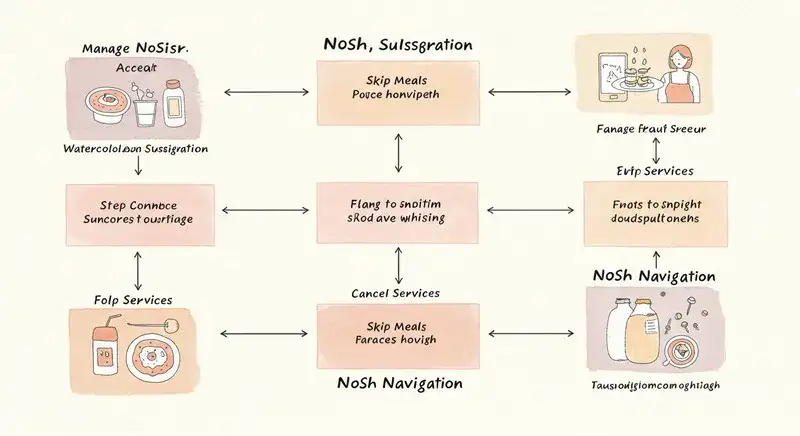 ナッシュのサブスクリプションの管理、食事のスキップ、またはサービスのキャンセルを行う手順を概説するフローチャート