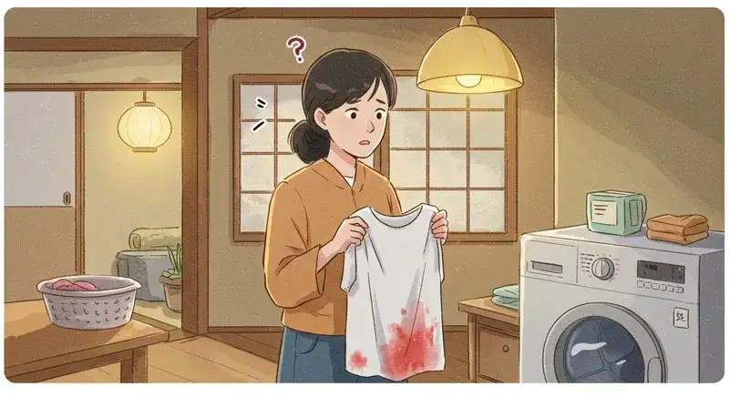 洗濯機から取り出した白いシャツが赤く染まってしまい、困惑している日本人女性の水彩画イラスト