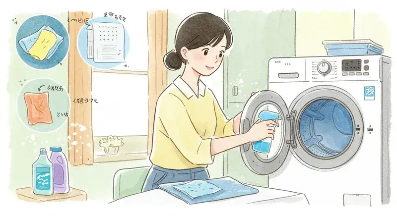 洗濯機を掃除している日本人女性の水彩画イラスト。