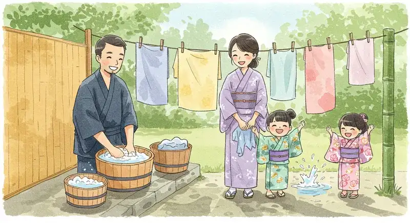 笑顔で洗濯している日本人