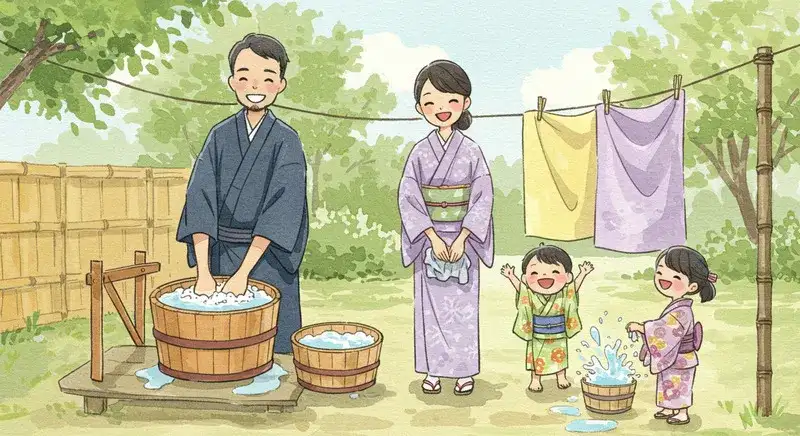 笑顔で洗濯している日本人