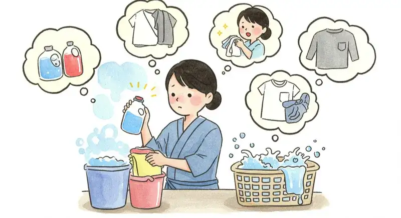 洗濯物を赤くするNG行動をしている日本人女性の水彩画イラスト