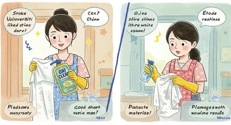 オキシクリーンを使って衣類の汚れを落とそうとしている日本人女性の水彩画イラスト