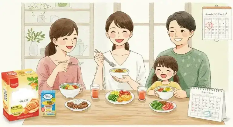 ナッシュを使った家族の昼食風景のイラスト