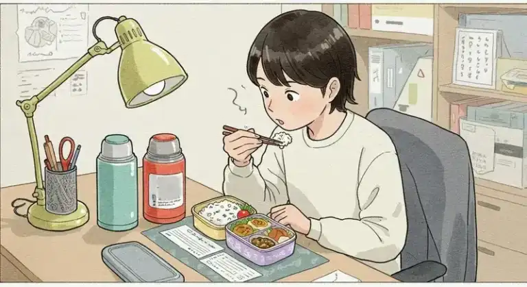 会社員が職場のデスクでナッシュの食事とご飯を食べているイラスト