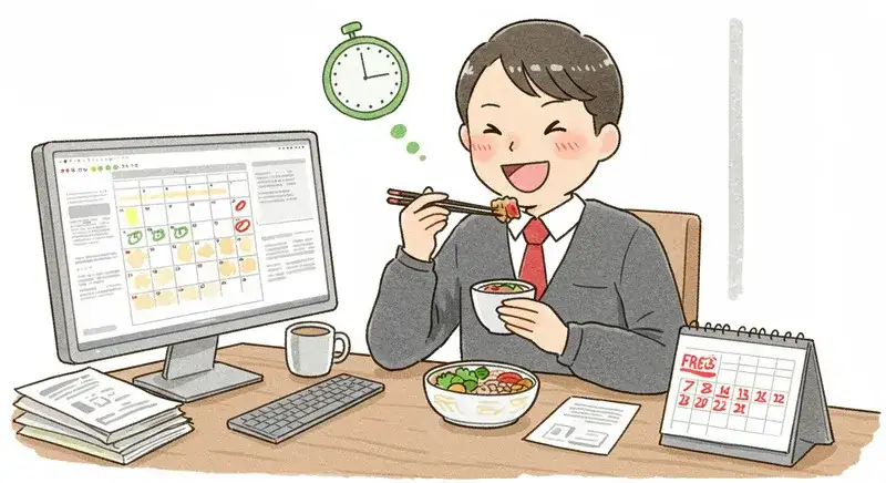 若い日本人ビジネスパーソンが、自宅の机で幸せそうにナッシュの食事を食べています