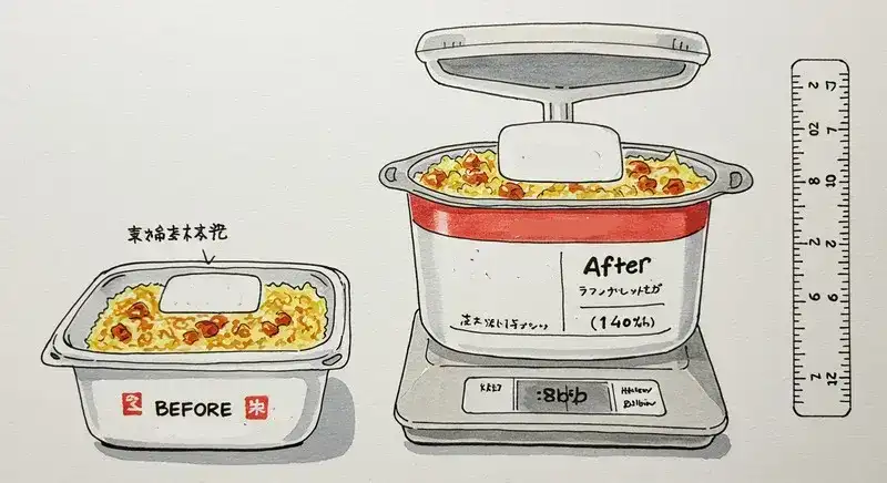 2つのナッシュの食事容器が並んでいます。1つは少し小さく「Before」とラベル付けされ、もう1つは大きく「After」と英語でラベル付けされています