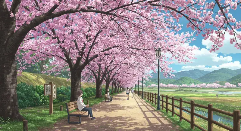 静かな桜スポット、小道の両側に咲く満開の桜