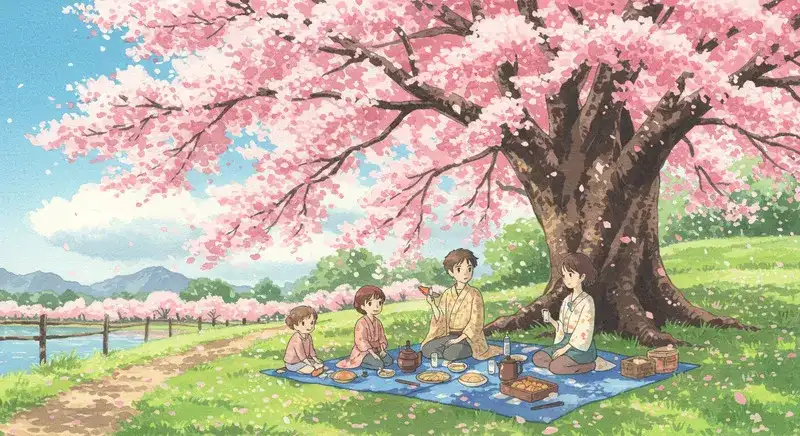 春の日本の公園で満開の桜の木の下、家族が青いレジャーシートの上でピクニックを楽しんでいる