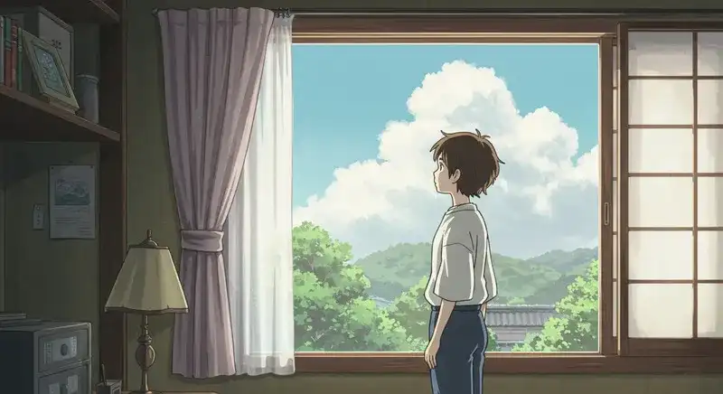 窓の外を眺め考え込む人物