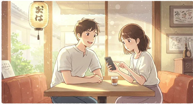 カフェでスマホを見ている男女