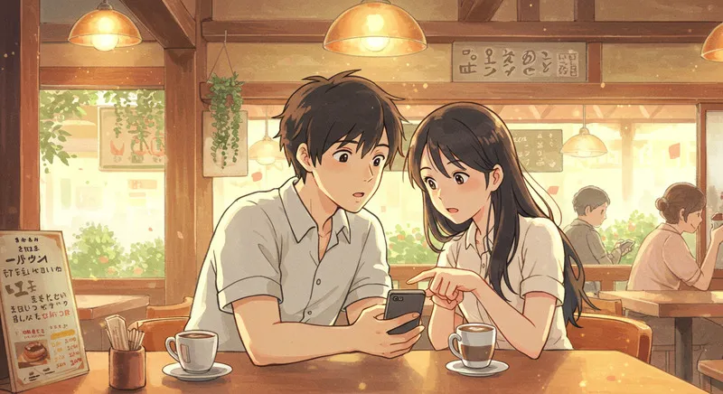 カフェでスマホを見ている男女
