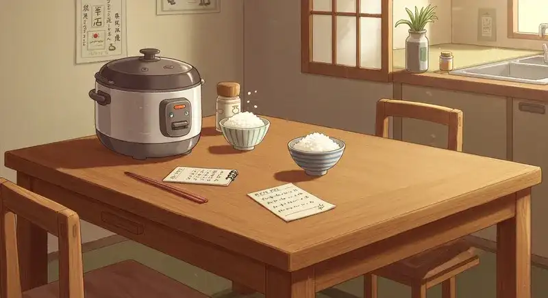 炊飯器と茶碗が置かれた食卓