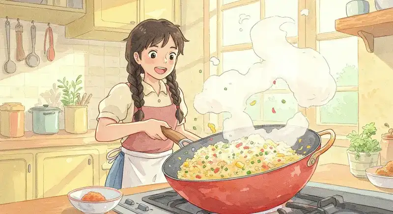 フライパンでご飯を炒めてチャーハンを作っている調理中の様子