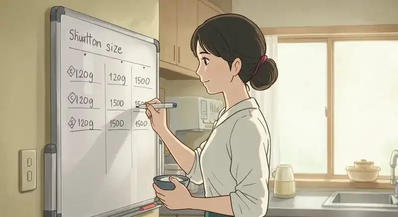 ホワイトボードにご飯の量を記録している主婦の後ろ姿