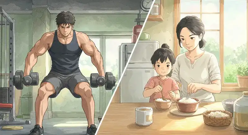 筋トレをする若者と子どもの盛り付けを手伝う母親