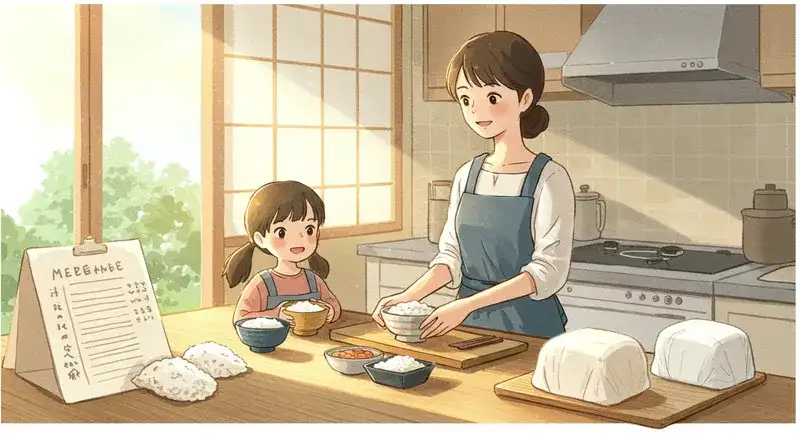 朝の台所で親子がご飯準備
