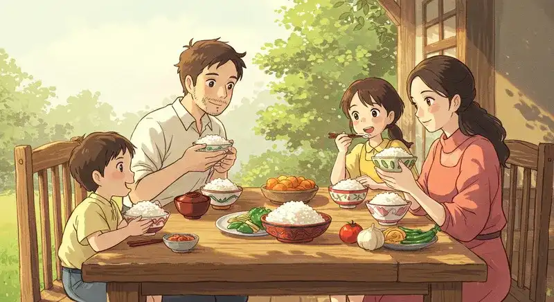 茶碗に異なる量のご飯を盛っている4人家族の団らん風景
