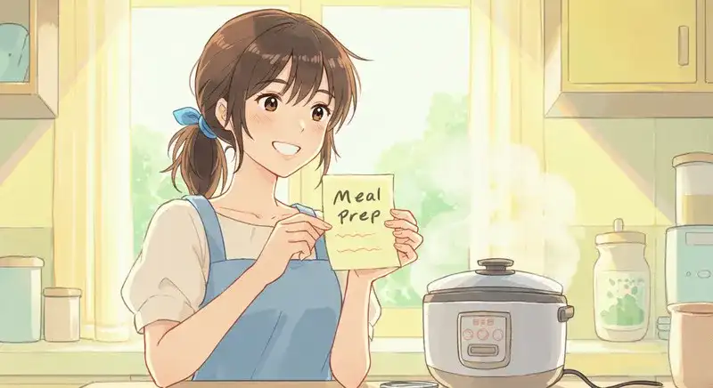ご飯のまとめ炊きに取り組む女性が「meal prep」のメモを持っている