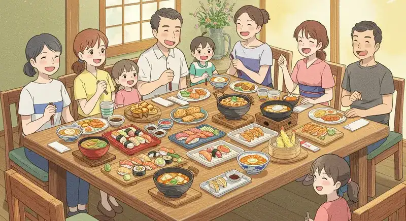 料理を囲む家族と友人たち