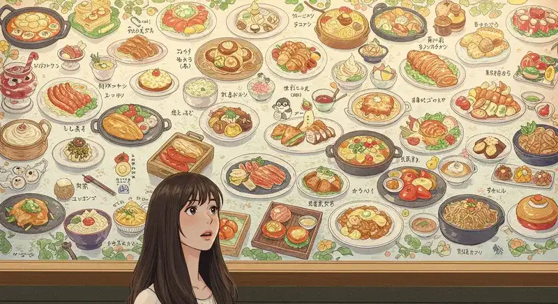 料理写真満載のメニューを見る人物