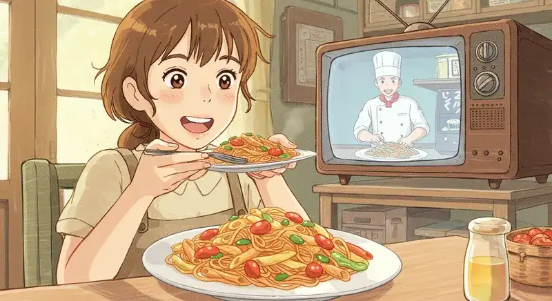 テレビに映る料理と実食