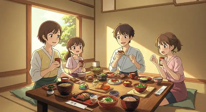 家族連れが食事している様子